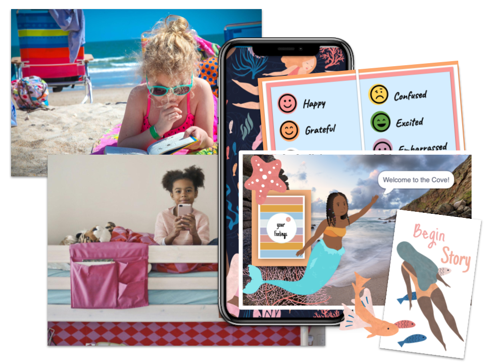 Young girl reading book, COVE app, Young girl on cell phone